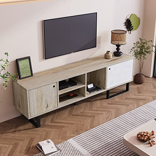 KUAKE TV-Schrank mit 2 Türen, 2 Fächer, EIN offenes Fach, TV-Board, TV-Lowboard Feinstruktur (Vintage-Holz und grau, 190 x 40 x 51.5 cm)