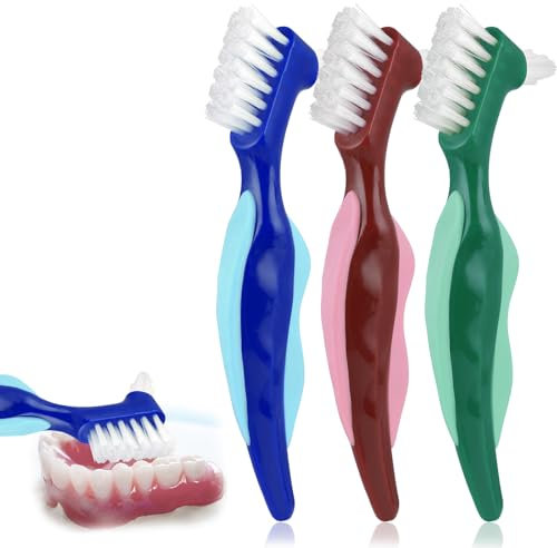 Harte Prothesenbürste 3 Stück Premium Hygiene Prothesenreinigungsbürste Doppelseitige Zahnbürste Mit Mehrschichtigen Borsten Rutschfestem Gummigriff für Die Reinigung Falscher Zähne (Rot Grün Blau)