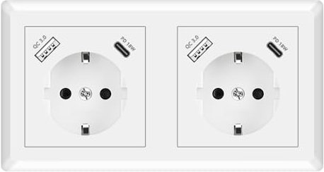 Sasudose USB Steckdose, Doppelsteckdose mit USB Anschluss QC 3.0 und Typ C Port PD 18W Schnellladung System 55 Reinweiß Glänzend Wandsteckdose Passt in Standard 2-fach Unterputzdose