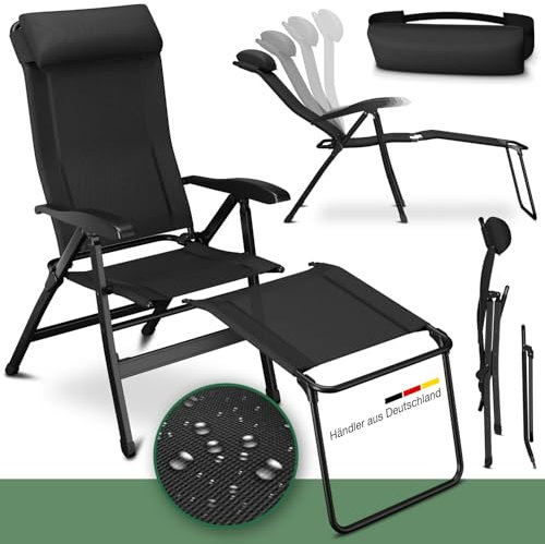 ELONEO Campingstuhl faltbar mit Abnehmbarer Beinauflage, Klappstuhl aus Aluminium, Gartenstuhl klappbar, Liegestuhl mit Verstellbarer Rückenlehne, Camping Chair schwarz