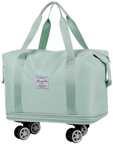 Reisetasche Handgepäck Tasche Damen, KESUDE Carry on Bag Faltbare Reisetasche Sporttasche Mit abnehmbaren Rollen Wasserdicht Weekender Travel Duffel Bag Trainingstasche Kliniktasche Geburt, Grün