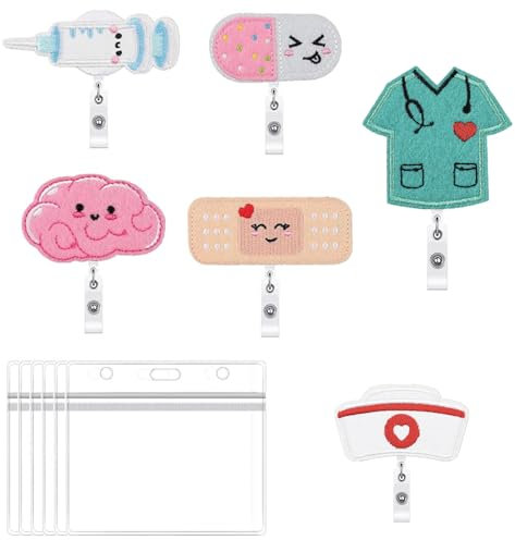 GIONAR Kreative Krankenschwester Zubehör, 6 Stück Einziehbare Ausweishalter, Schlüsselbänder mit Cartoon Design, Namensschild, 6 Kartenhaltern, Ideale Nurse Accessories für Krankenhauspersonal