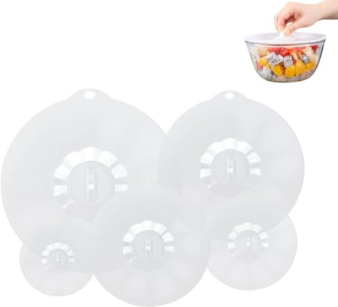 5 PCS Reusable Silicone Cover Lids, Reusable Suction Seal Covers for Food Preservation, Container Lids Food Covers Fits Cup Bowl Plate Pot, Food-Grade BPA-Free, Microwave and Dishwasher Safe, White