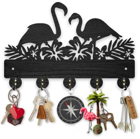 MAYJOYDIY Porte-manteau mural en bois avec motif flamant rose pour clés - 30 x 20 cm - Motif oiseaux et feuilles tropicales - 5 crochets en alliage - Noir - Pour cadeaux et entrée