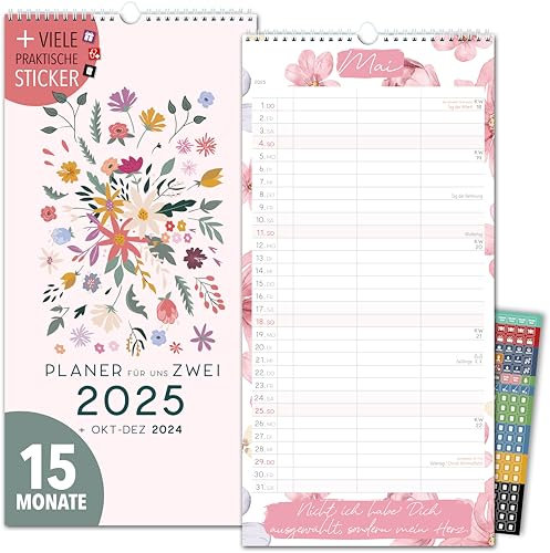Paarplaner 2025 3 Spalten GARTENLIEBE Planer für Zwei 2025 und Okt-Dez 2024 Partnerkalender 16x32,5cm Paarkalender f. Paare 2025 Wandplaner 2 Personen STICKER Recycling Urlaub (2025)