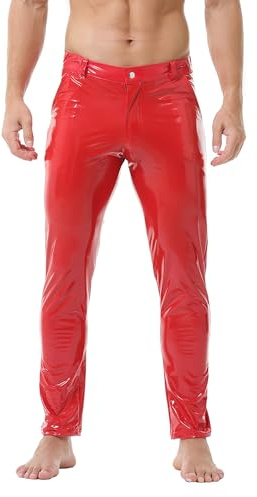 YUFEIDA Men's Leather Trousers Classic Wetlook Solid PU Leather Pants Zipper Pockets Slim Fit Pencil Pants Hot Legging Trousers for Motorcycle Cosplay Dance Stage Casual