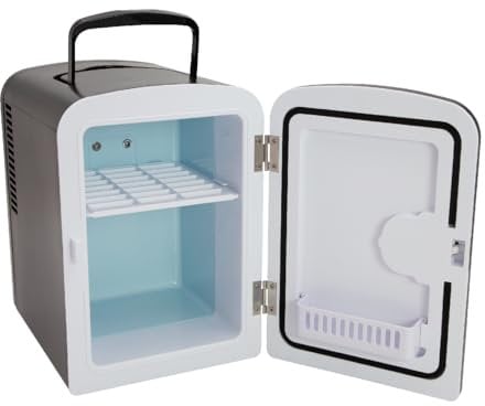Global Gizmos 33279 Black Mini Fridge/Table Top Fridge for Bedrooms/Portable Design with Carry Handle / 4 Litre Capacity/Ideal for Snacks, Beauty, Skincare & More