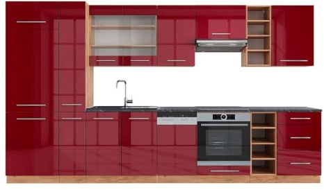 Vicco Küchenzeile Fame-Line, Bordeaux Hochglanz/Goldkraft Eiche, 355 cm | 12 Module · Höhenverstellbare Füße · AP Anthrazit inkl. · MDF-Fronten · Softclose · Metallgriffe