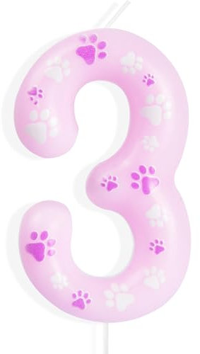 Yiran Dog Paw Geburtstagskerzen Zahlen 3, Jahre Geburtstagsdeko, Kerzen für Kinder Party, Rosa
