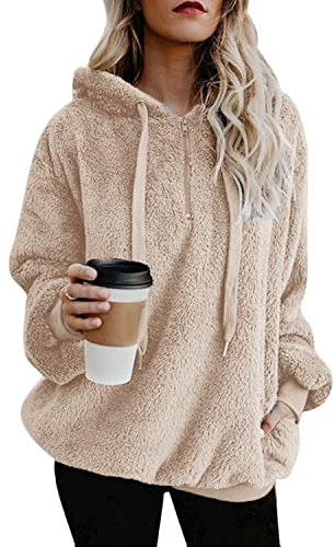 Damen Pullover Teddy Hoodie Warm Teddy-Fleece Kapuzenpullover Oversize Sweatshirt Langarm Lose Winter Pulli Tops Oberteile mit Tasche (Khaki1, M)