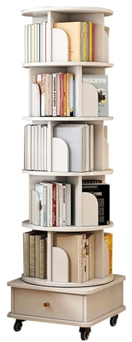 360° drehbares Bücherregal aus Massivholz Das Schubladendesign ermöglicht die Aufbewahrung einer Vielzahl von Gegenständen Ausgestattet mit beweglichen Rollen für einfache Bewegung(Weiß,46*46*173cm)
