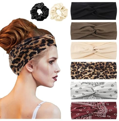 6 PCS Head Bands Adult Women, Boho Headbands for Women Knotted Headband Leopard Print Headband with Hair Scrunchies for Women Adult Hair Accessories