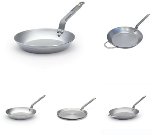 DE BUYER - Lot de 5 Poêle en tôle d'acier Mineral B - 24, 28, 32, et 36 cm, 30cm Poêle à crêpes- Fabriquées en France, Sans PFAS, Inox 18/10, Tous Feux + Four, Finition Poli Brillant