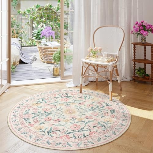 Wonnitar Waschbarer runder Teppich, 1,8 m, rosa Blumenmuster, großer runder Teppich für Schlafzimmer, Boho, weich, ultradünn, runde Teppiche für Kinder, Spielzimmer, Wohnzimmer, Kinderzimmer