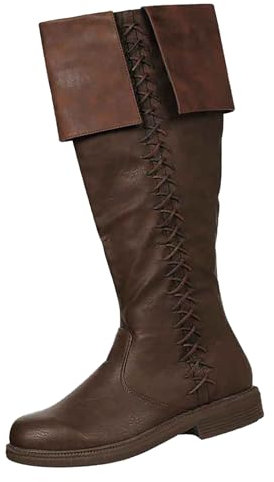 Stivaletti alti da uomo con tacco - Stivali in pelle a gambo lungo, stivali medievali sopra il ginocchio Stivali vintage in pelle PU stivali alti al ginocchio, marrone, 38 EU