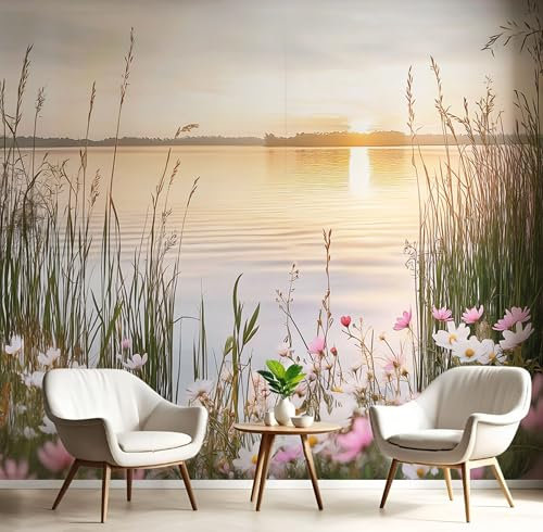 Seide Fototapete Sonnenuntergang Am See 300×210 CM (W×H), Foto Tapete Schlafzimmer Wohnzimmer Seide tapete, Wandtapete Graspflanzen Motivtapeten Bildtapete 3d Effekt Wand Dekoration