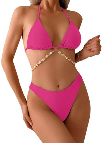 Yutdeng Costumi da Bagno Donna Due Pezzi Bikini Set Regolabile Halter Costumi da Mare Imbottito Reggiseno Push Up Triangolo Bikini Costume da Spiaggia Estivo Brasiliana Beachwear,Rosa,S