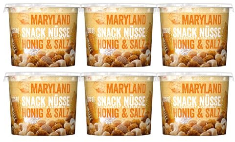 Maryland Snack Nüsse Honig & Salz 275g Becher Vorratspack - Erdnüsse, Cashewkerne und Mandeln in Nussmischung - Süß & salzig - wiederverschließbarer Becher (6 x 275g)
