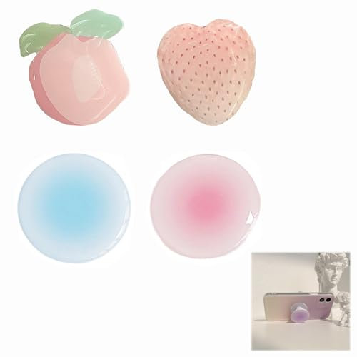 Pop Socket, 4 Pack Phone Pop Grip, Multi-Functional Phone Grip Stand, TPU Material, Blue Pink Strawberry Peach, 4 cm Round, for Smartphones and Tablets