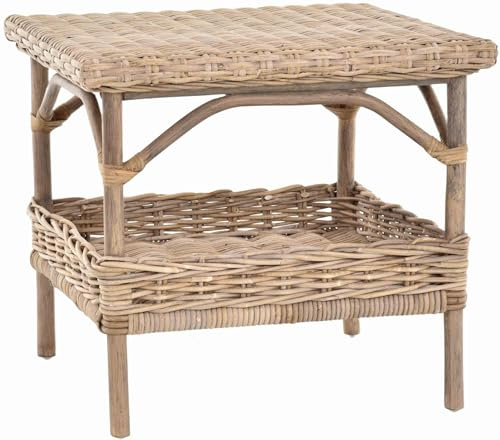 Krines Home Rattan-Tisch Beistelltisch Quadratisch Couchtisch Rattan Wohnzimmer Tisch Ablage 59x59 (Grau Natur)