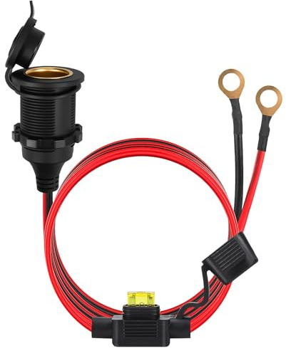 Cigarette Lighter Socket 12V/24V 13AWG Fused Extension Cable 2.5mm² 20A, 1M | High Power Fixed Cigarette Socket with Eyelet Terminals, for Car Vehicle, Tractor, Boat, Waterproof Marine Grade