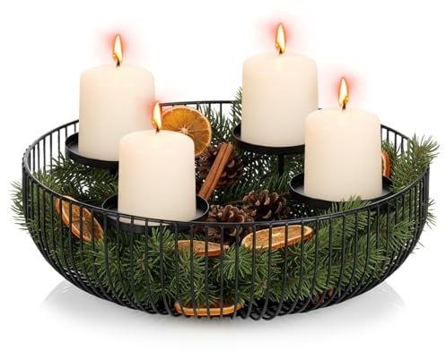 Yunkctuk Modern Metallene Kranz Kerzenhalter mit 4 Kerzentabletts, 30cm Durchmesser Runde Kerzenschale, Mittelstück für den Esstisch, Wohnzimmerdekoration, Weihnachtsdekoration, Adventkranz, Schwarz