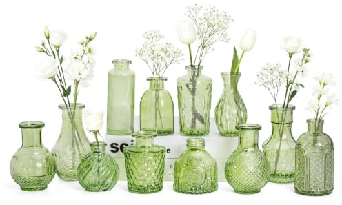 Set di vasi per fiori in vetro Sawaoke, verde, 12 PZ, stile vintage con motivo strutturato, per fiori e decorazione della casa (verde, 12 PZ)
