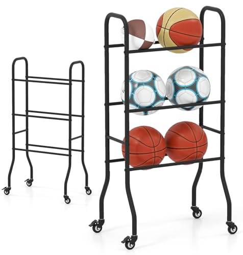 LIFEZEAL Porta Palle, Porta Palloni da Basket, Calcio, Pallavolo, Pallacanestro, con Ruote, Rastrelliera a 3 Livelli per Attrezzi Sportivi, Scaffale di Stoccaggio, Supporto, per Palestra, Casa, Garage