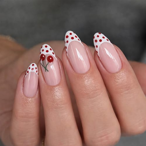 24PCS Almond Press On Nails - French Tip Burgundy Polka Dot & Cherry Design Nude Pink Full Cover False Nails ABS Material Elegant Nail Set for Women Daily Wear Date Party