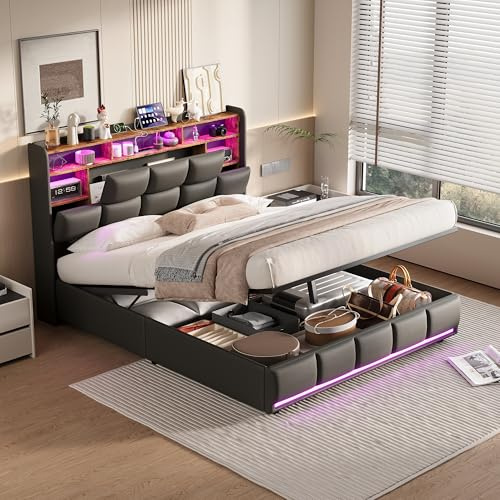 DULRLLY Lit Coffre 140x190 avec Éclairage LED et Multiprise, Cadre de Lit Deux Place avec Coffre, Tête de Lits Rembourrée avec Étagères Ouvertes et Rangement Caché, Lits Hydraulique pour Adolescent
