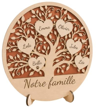 LANCK Arbre de Vie Personnalisé Notre Famille - Bois Double Couche avec Prénoms Gravés - Décoration Artisanale à Poser - Cadeau Fête des Mères & Anniversaire (1. Cuivre)
