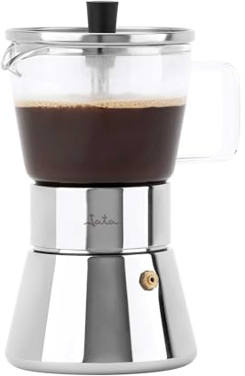 JATA HOGAR HCAF5507 - Cafetera Italiana Inducción 6 Tazas (240 ml) Acero Inoxidable con Jarra de Borosilicato, Moka para Café Espresso, Apta para Inducción, Gas y Vitro, Libre BPA