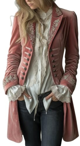 Women's Vintage Velvet Embroidered Long Jacket Gothic Vintage Double Breasted Duster Coat Pink Boho Velour Long Blazers Jackets for Women Renaissance Costume