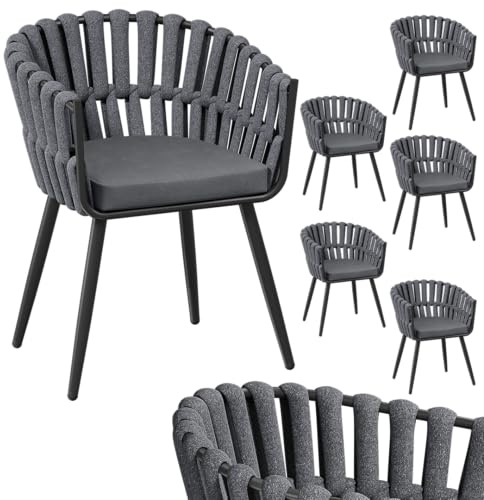 STEELSØN Tarian Gartenstühle 6er-Set, mit Kissen, Rope Design, Dunkelgrau | Loungesessel für Indoor & Outdoor, Kunststoffgeflecht, dicke Sitzpolster, Stahlgestell, Stühle für Garten, Terrasse & Balkon