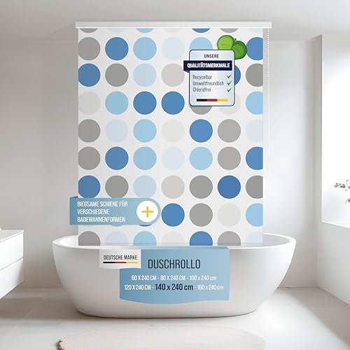 Rapid Teck® Halb-Kassetten Duschrollo 140cm | stilvolles Design Retro Blue Dot | Duschvorhang mit Seilzug | Modernes Duschrollo für Badewanne | Duschrollo für Dusche und kleine Bäder