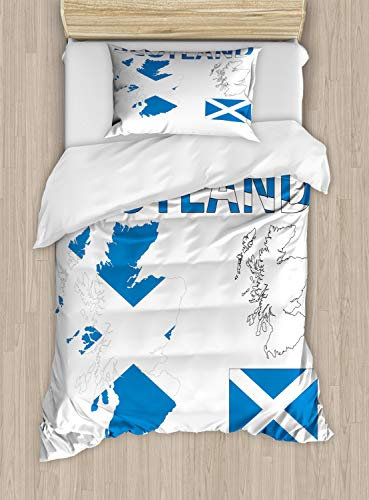 ABAKUHAUS Schottland Bettbezug Set Doppelbett, Landkarte und die Flagge, Kuscheligform Top Qualität 2 Teiligen Bettbezug mit 1 Kissenbezüge, 170 x 220 cm - 75 x 50 cm, Kobalt Blau Weiß