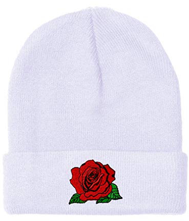 Beanies für Herren, rote Rose, Stil B, Stickerei, Wintermützen, Damen, Acryl, Schädelmütze, Weiß, Einheitsgröße