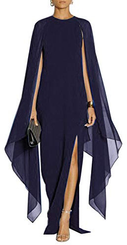 MAYFASEY Women's Elegant High Split Flare Sleeve Formal Evening Gowns Maxi Dress with Cape, Navy, XXL