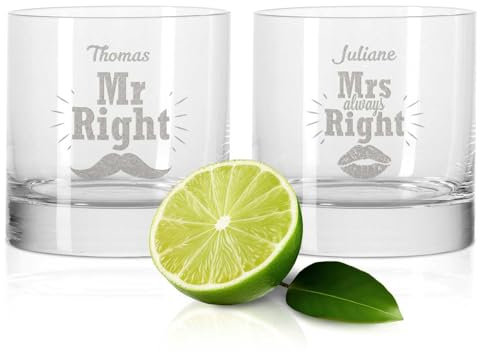 GRAVURZEILE 2er Set GIN-Gläser - Mr Right & Mrs Always Right mit Wunschnamen - personalisiertes Geschenk für Kollegen, gute Freunde & Familie - GIN-Glasses + GIN-Tonic - Party Geschenkset