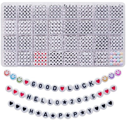 Lnvision 1600pcs Buchstaben Perlen, Herz Perlen, Anzahl Perlen, Start Perlen und Smiley Perlen, 4x7mm weiße Acryl Perlen A-Z 31 Stile für Schmuck Herstellung Armbänder Halsketten Schlüsselanhänger