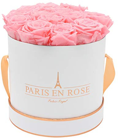 PARIS EN ROSE Rosenbox | mit 14 rosa Infinity Rosen Größe XL | konservierte ewige Rose | runde Weiß-Roségold Box | 3 Jahre haltbar | Grußkarte
