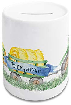 GRAZDesign Spardose Kinder Jungen mit Name | Traktor Trecker in Grün | personalisiertes Geschenk Geburtstag, Weihnachten, Taufe, Keramik