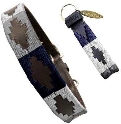 Carlos Diaz Echtes Leder gewachstes Premium-Polo-Hundehalsband mit Stickerei L Weiß Grau Marineblau (Tucumán)