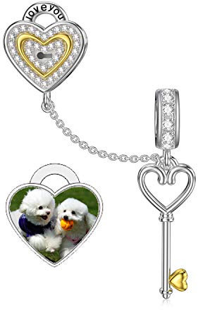 SLIACETE Personalized Photo Charm Fit Bracelet Necklace 925 Sterling Silver Custom Heart Lock And Key Picture Bead Charm Hold 2 Pictures Gift for Women Girls