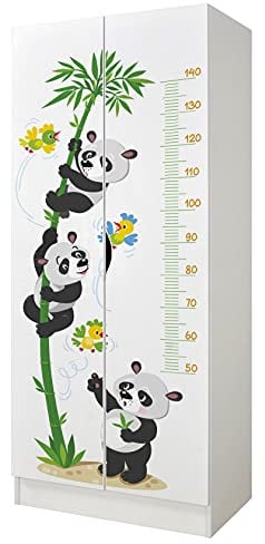 Leomark Weiß zweitüriger Kleiderschrank für Kinder - Roma - funktionaler Schwebetürenschrank, Dim: 70 x 42,5 x 161,5 (H) cm, Kommode, Schrank, Möbel für Kinder, UV-Druck: Pandas