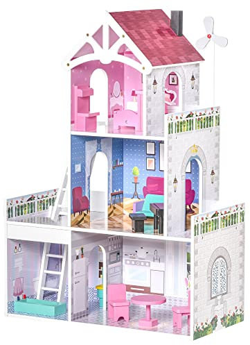 HOMCOM Maison de poupée 3 étages Jeu d'imitation avec 13 Accessoires Grand réalisme Multi-équipements MDF Rose
