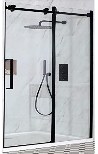Milano Nero - Black Reversible Recessed Frameless Shower Enclosure with Sliding Door and White Tray with Drying Area - 1400mm x 900mm