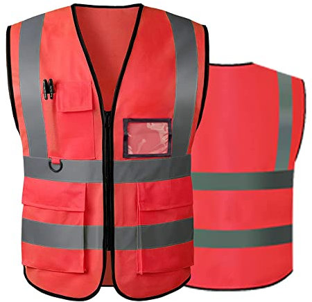 Warnwesten für Damen und Herren, hohe Sichtbarkeit, reflektierende Sicherheitsweste mit Taschen, Reißverschluss vorne, erfüllt ANSI/ISEA-Standards, Rot (Stoff), M
