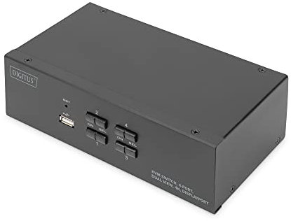DIGITUS KVM-Switch DisplayPort – 4-Port Dual-Display – 4 PC 2 Monitore – 1x Maus, Tastatur & Audio für 4 Computer – UHD 4K@60Hz (3840 x 2160p) – Hot-Key Umschalter – 1x USB 2.0 Hub – Schwarz