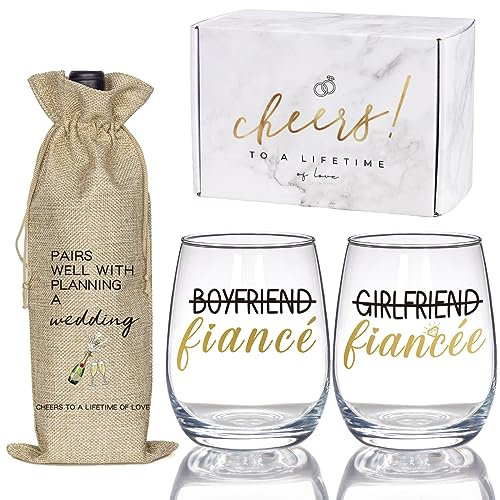 Cadeau de fiançailles pour couples, petit ami et petite amie, verre à vin et sac à vin, cadeau de fiancé pour lui et elle, cadeau de mariage de mariée et de marié, cadeau de fiançailles pour les